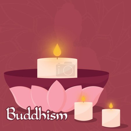 Illustration for Colored candles with lotus flower Buddhism concept Vector illustration - Royalty Free Image