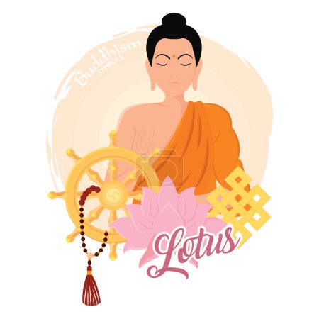 Illustration for Buddha character with different buddhism items Vector illustration - Royalty Free Image