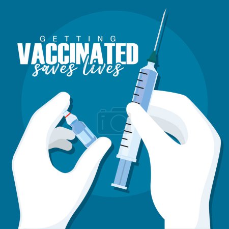 Téléchargez les illustrations : Les mains tenant un flacon de vaccin et une seringue Les vaccins sauvent des vies Illustration vectorielle - en licence libre de droit