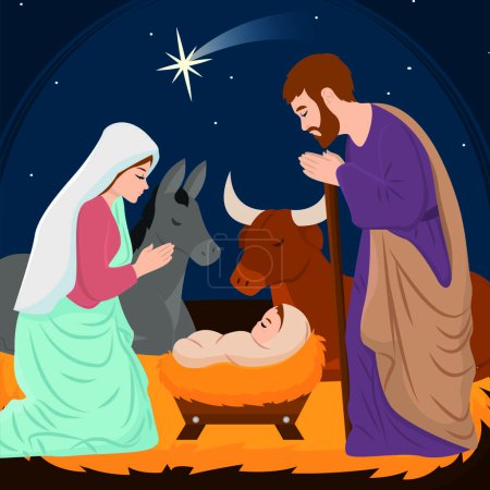 Illustration for Christmas manger with joseph mary and jesus christ characters Vector illustration - Royalty Free Image