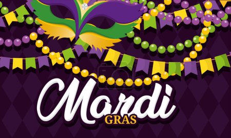 Illustration for Mardi gras festival mask surrounded by necklaces Mardi gras horizontal poster Vector illustration - Royalty Free Image