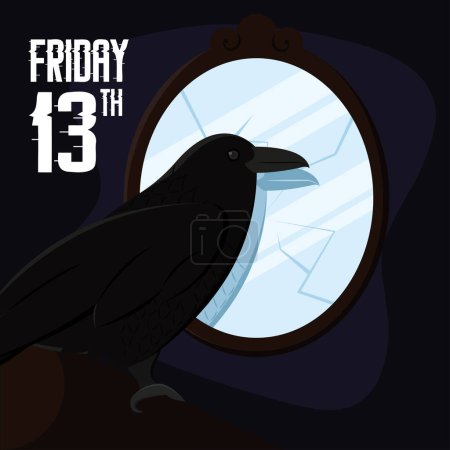 Illustration for Black crow and broken mirror Friday 13th poster Vector illustration - Royalty Free Image