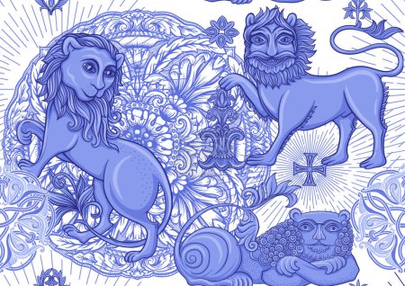 Illustration for Byzantine traditional historical motifs of animals, birds, flowers and plants. Seamless pattern in blue colors. Vector illustration. - Royalty Free Image