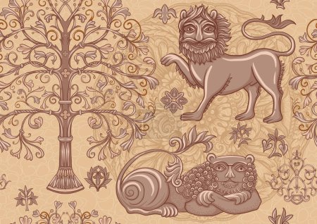 Illustration for Byzantine traditional historical motifs of animals, birds, flowers and plants. Seamless pattern in kraft and beige colors. Vector illustration. - Royalty Free Image