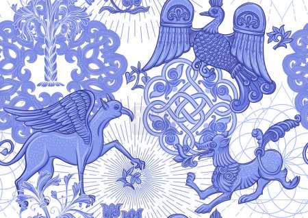 Téléchargez les illustrations : Motifs historiques traditionnels byzantins d'animaux, d'oiseaux, de fleurs et de plantes. Modèle sans couture dans des couleurs bleues. Illustration vectorielle. - en licence libre de droit