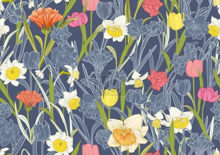 Ilustración de White daffodils and tulips flowers, the early spring flowers. Seamless pattern, background. Vector illustration. In botanical style - Imagen libre de derechos