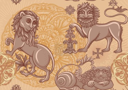 Illustration for Byzantine traditional historical motifs of animals, birds, flowers and plants. Seamless pattern in kraft and beige colors. Vector illustration. - Royalty Free Image