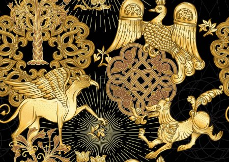 Byzantinische traditionelle historische Motive von Tieren, Vögeln, Blumen und Pflanzen. Nahtloses Muster in goldenen und schwarzen Farben. Vektorillustration.