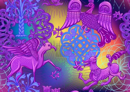 Ilustración de Motivos históricos tradicionales bizantinos de animales, aves, flores y plantas. Patrón de colores sin costuras. Ilustración vectorial. - Imagen libre de derechos