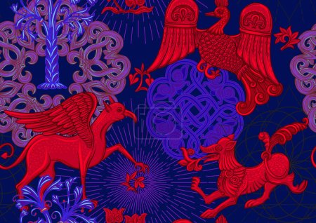 Ilustración de Motivos históricos tradicionales bizantinos de animales, aves, flores y plantas. Patrón sin costuras en colores rojo y azul. Ilustración vectorial. - Imagen libre de derechos