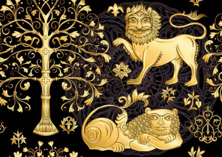 Motivos históricos tradicionales bizantinos de animales, aves, flores y plantas. Patrón sin costuras en colores oro y negro. Ilustración vectorial.