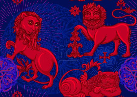 Motifs historiques traditionnels byzantins d'animaux, d'oiseaux, de fleurs et de plantes. Modèle sans couture dans les couleurs rouge et bleu. Illustration vectorielle.