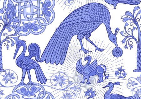 Illustration for Byzantine traditional historical motifs of animals, birds, flowers and plants. Seamless pattern in blue colors. Vector illustration. - Royalty Free Image