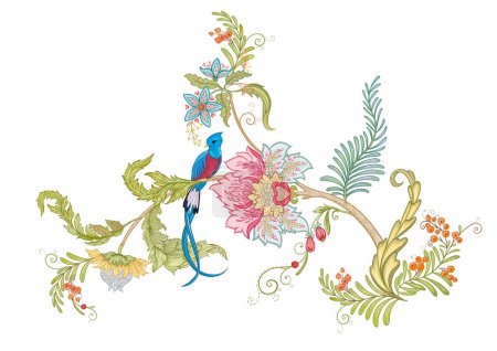 Téléchargez les illustrations : Fantasy flowers with bird of paradise quezal, in retro, vintage, jacobean embroidery style. Clip art, set of elements for design Vector illustration. - en licence libre de droit