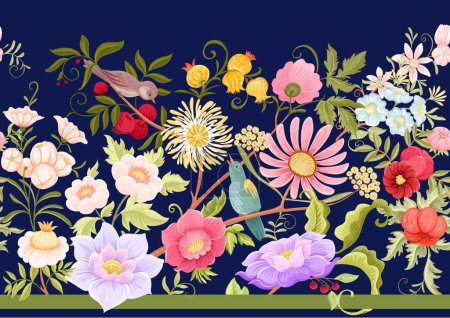 Fantasievolle Blumen und Vögel im Retro-, Vintage, Jacobean-Stickereistil. Millefleurs nahtloses Muster, Hintergrund. Vektorillustration. Vielfarbig.