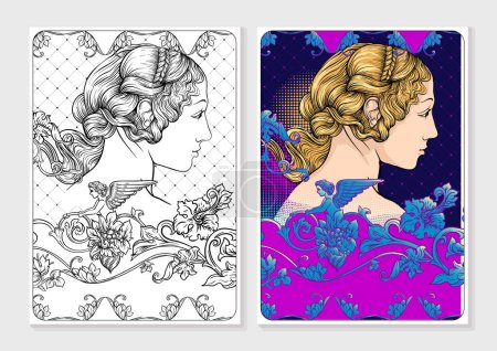 Illustration for Portrait of a woman inspired by a painting by Renaissance artist Botticelli. Coloring page for the adult coloring book. In baroque, rococo, victorian, renaissance style. Vector illustration - Royalty Free Image