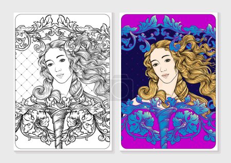 Portrait of a woman inspired by a painting by Renaissance artist Botticelli. Coloring page for the adult coloring book. In baroque, rococo, victorian, renaissance style. Vector illustration