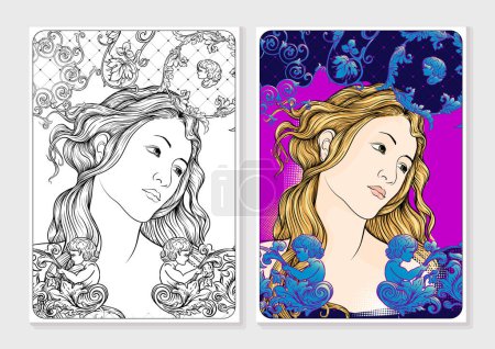 Portrait of a woman inspired by a painting by Renaissance artist Botticelli. Coloring page for the adult coloring book. In baroque, rococo, victorian, renaissance style. Vector illustration