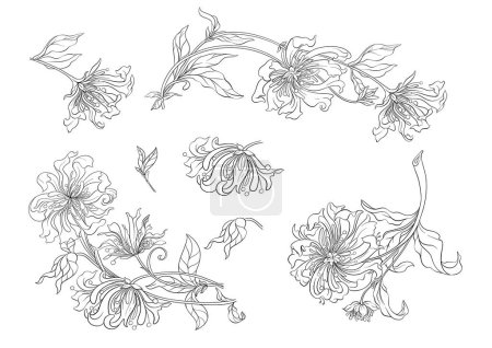 Illustration for Decorative flowers and leaves in art nouveau style, vintage, old, retro style. Clip art, set of elements for design Vector illustration. - Royalty Free Image
