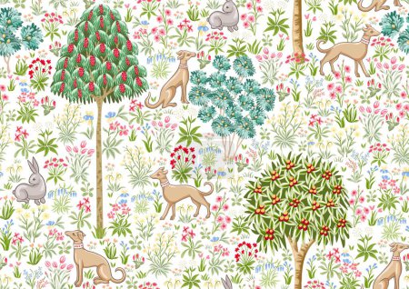 Tapisserie traditionnelle de la Renaissance avec fleurs, arbres et animaux. Millefleurs design floral à la mode. Modèle sans couture, fond. Illustration vectorielle.