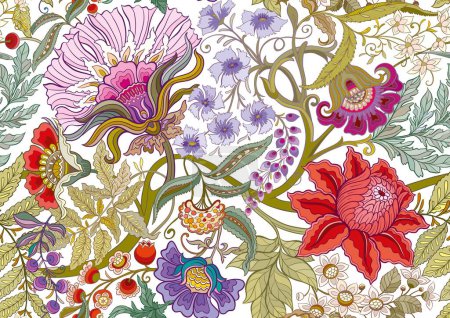 Illustration for Fantasy flowers in retro, vintage, jacobean embroidery style. Seamless pattern, background. Vector illustration. - Royalty Free Image