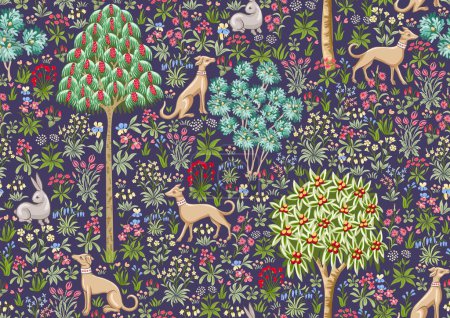 Traditional renaissance tapestry pattern with flowers, trees and animals. Millefleurs trendy floral design. Seamless pattern, background. Vector illustration.
