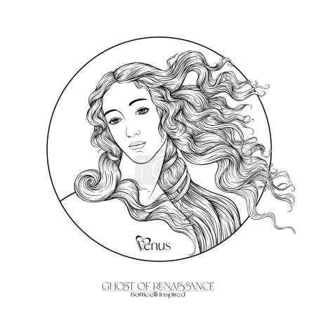 Portrait de femme inspiré d'une peinture de l'artiste de la Renaissance Botticelli Naissance de Vénus. Schéma dessin à la main illustration vectorielle.