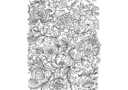 Illustration for Fantasy flowers in retro, vintage, jacobean embroidery style. Seamless pattern, background. Outline, vector illustration. - Royalty Free Image