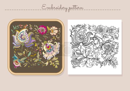 Illustration for Fantasy flowers in retro, vintage, jacobean embroidery style. Embroidery imitation sample and pattern. Vector illustration. - Royalty Free Image