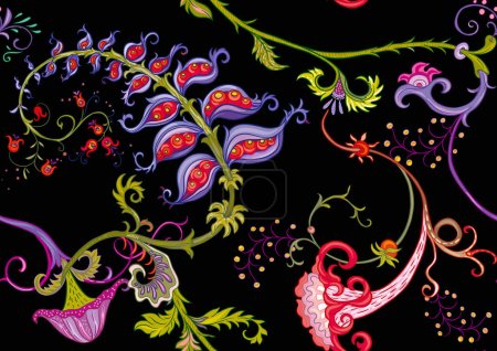 Fantasía, flores hipnóticas alienígenas, flores decorativas y hojas. Estilo de dibujos animados. Millefleurs diseño floral de moda. Patrón sin costuras, fondo. Esquema dibujo a mano vector ilustración.
