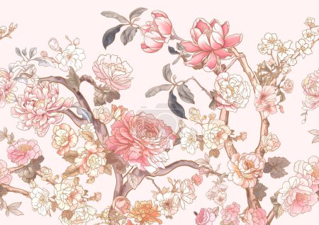 Ilustración de Árboles de flores con rosa, peonía, crisantemo, patrón sin costuras, fondo. Ilustración vectorial en Chinoiserie, estilo botánico - Imagen libre de derechos