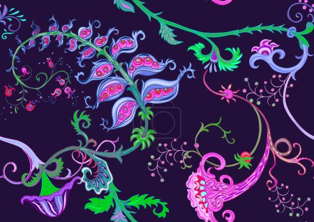 Fantasy, alien hypnotic flowers, decorative flowers and leaves. Cartoon style. Millefleurs trendy floral design. Seamless pattern, background. Outline hand drawing vector illustration.