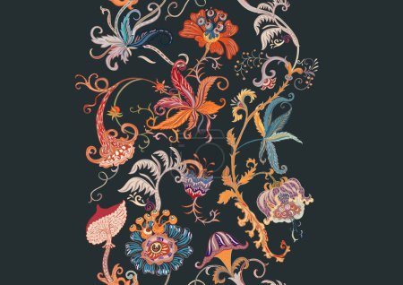 Fantasía, flores hipnóticas alienígenas, flores decorativas y hojas. Estilo de dibujos animados. Millefleurs diseño floral de moda. Patrón sin costuras, fondo. Esquema dibujo a mano vector ilustración.