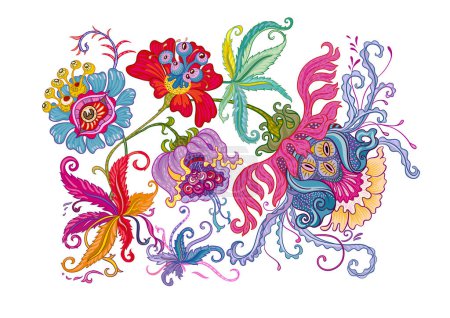 Fantasía, flores hipnóticas alienígenas, flores decorativas y hojas. Estilo de dibujos animados. Millefleurs diseño floral de moda. Clip art, conjunto de elementos para el diseño Esquema dibujo a mano vector ilustración.