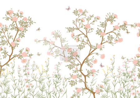 Téléchargez les illustrations : Des arbres fleuris avec des fleurs et des papillons. Modèle sans couture, fond. Illustration vectorielle. Dans Chinoiserie, japandi, style botanique - en licence libre de droit