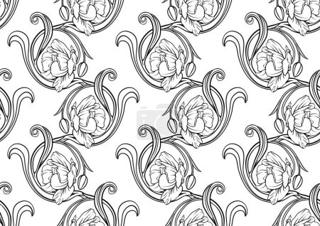 Illustration for Terri Tulip flowers, decorative flowers and leaves in art nouveau style, vintage, old, retro style. Seamless pattern, background. Vector illustration. - Royalty Free Image