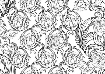 Illustration for Terri Tulip flowers, decorative flowers and leaves in art nouveau style, vintage, old, retro style. Seamless pattern, background. Vector illustration. - Royalty Free Image