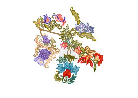 Fantasy, alien flowers, decorative flowers and leaves. Cartoon style. Millefleurs trendy floral design. Clip art, set of elements for design Vector illustration.