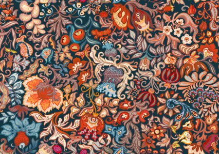 Fantasía, flores alienígenas, flores decorativas y hojas. Estilo de dibujos animados. Millefleurs diseño floral de moda. Patrón sin costuras, fondo. Ilustración vectorial.