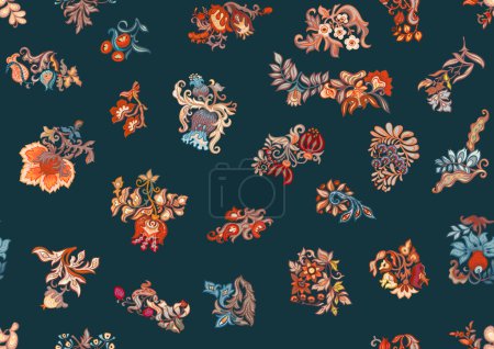 Fantasy, alien flowers, decorative flowers and leaves. Cartoon style. Millefleurs trendy floral design. Seamless pattern, background. Vector illustration.
