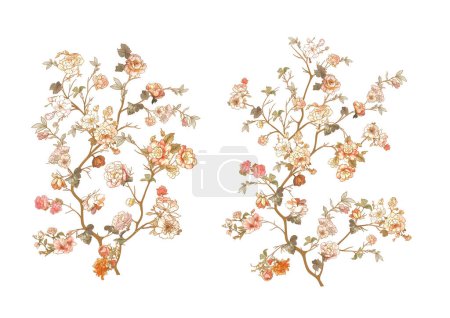 Blühender Baum Clip-Art, Satz von Elementen für Design Vector Illustration. In Chinoiserie, botanischer Stil Isoliert auf weißem Hintergrund.