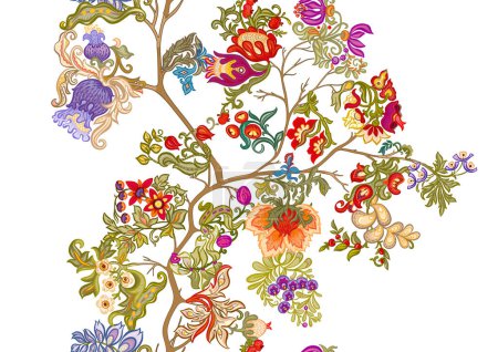 Fantasie, fremde Blumen, dekorative Blumen und Blätter. Cartoon-Stil. Millefleurs trendiges florales Design. Nahtloses Muster, Hintergrund. Vektorillustration.
