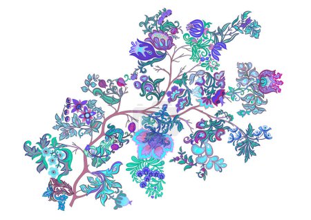 Fantasía, flores alienígenas, flores decorativas y hojas. Estilo de dibujos animados. Millefleurs diseño floral de moda. Clip art, conjunto de elementos para el diseño Vector ilustración.