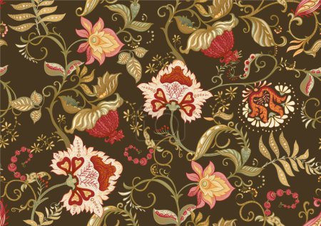 Flores de fantasía en estilo retro, vintage, bordado jacobeo. Patrón sin costuras, fondo. Ilustración vectorial.