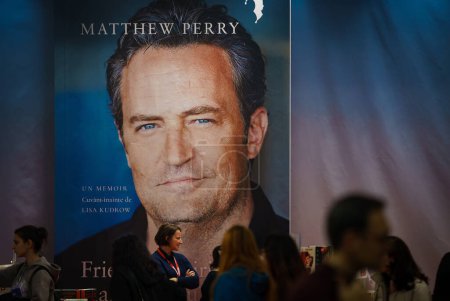 Photo for Bucharest, Romania - December 07, 2022: A large banner of Matthew Perry book "Friends, Lovers, and the Big Terrible Thing: A Memoir" at Gaudeamus book fair. This image is for editorial use only. - Royalty Free Image