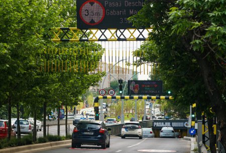Photo for Bucharest, Romania. 22th May, 2023: The new system of height restriction barriers of the Unirii Passage tunnel on Ion C Bratianu Boulevard. - Royalty Free Image