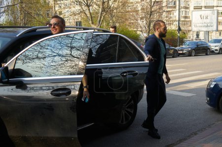 Photo for Bucharest, Romania. 10th Apr, 2023: Andrew Tate (R) and his brother Tristan Tate arrive at the Directorate for Investigating Organized Crime and Terrorism DIICOT - Royalty Free Image