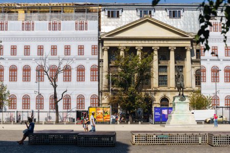 Photo for Bucharest, Romania. 12th Sep, 2023: The restoration work on the facades of the Palace of the University of Bucharest. The restoration and consolidation of the building started in March 2022 will last over 5 years. The Palace of the University of Buch - Royalty Free Image