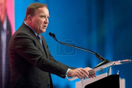 Photo for Bucharest, Romania. 6th Apr, 2024: Stefan Lofven, PES President, delivers his speech at the PES conference "We stand together - for our Europe!", held at the Palace of the Romanian Parliament. - Royalty Free Image
