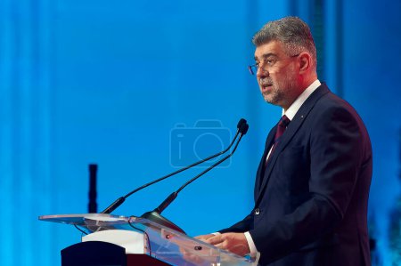 Photo for Bucharest, Romania. 6th Apr, 2024: Marcel Ciolacu, Romanian Premier and PSD president, delivers his speech at the PES conference "We stand together - for our Europe!". - Royalty Free Image